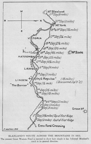 Blaxland's route across the mountains in 1813